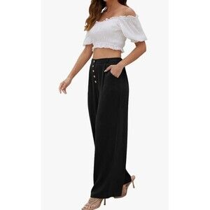 SVALIY Women Flowy Pants Cotton Linen Wide Leg Palazzo Pants Long Lounge Slacks